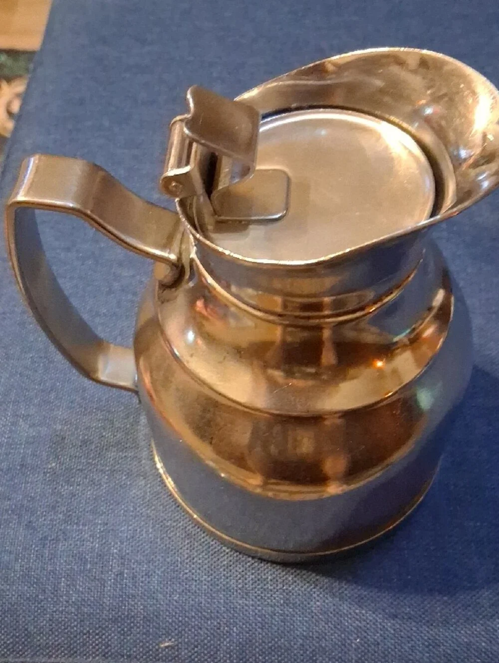 Vintage Polished Silver Stainless Steel Creamer Pitcher with Flip Lid